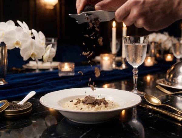 A person grates fresh truffle over a bowl of risotto on an elegant table set with candles, white orchids, a glass of sparkling drink, and a tin of caviar.