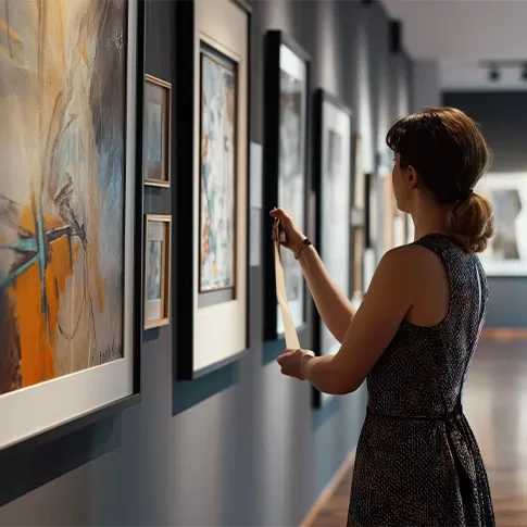 A woman observes artwork on a wall in a gallery,