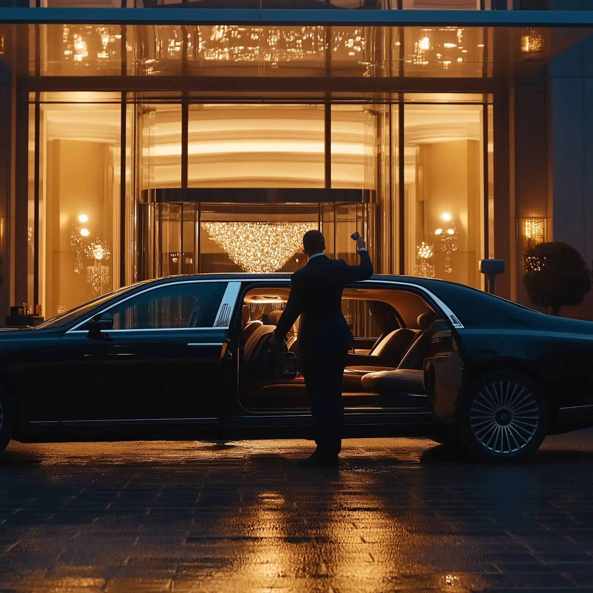 A well-dressed man holds an umbrella and opens the door of a luxury car parked in front of an elegant, brightly lit building entrance with a large chandelier visible inside. The ground is wet, reflecting the lights from the building.