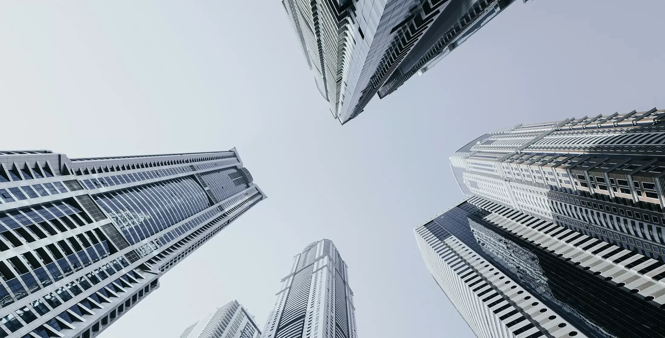 Looking up at skyscraper city buildings