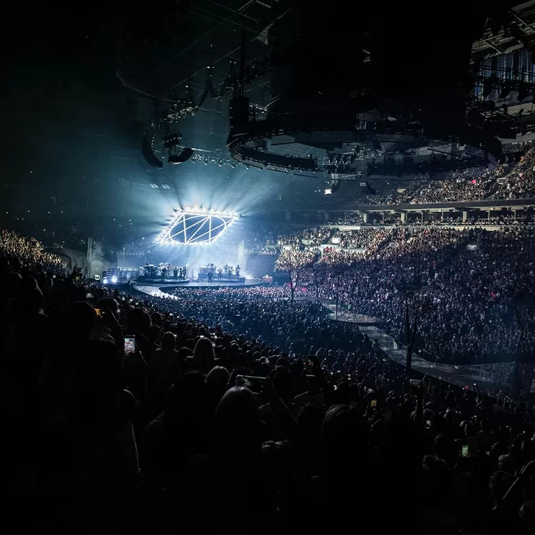 A vibrant concert atmosphere featuring a massive cheering audience, bright stage lights, and musicians playing passionately.