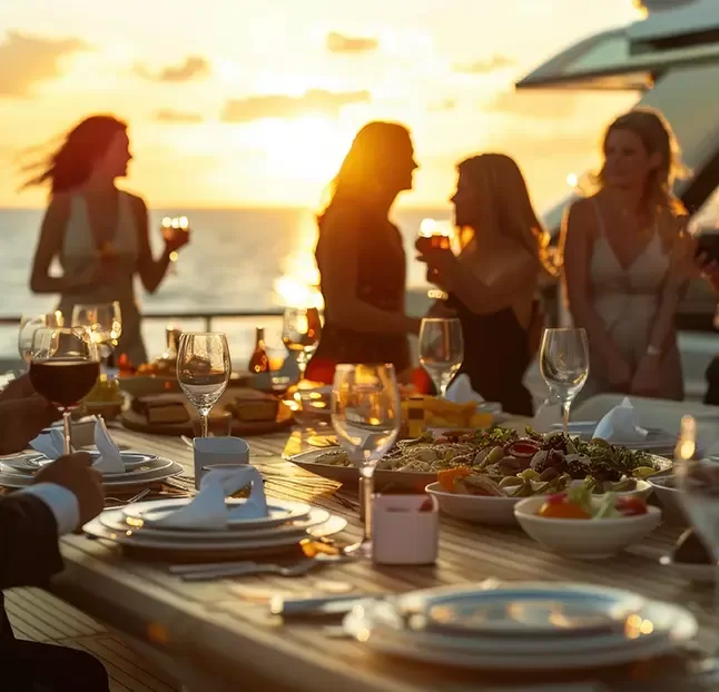 A group of people enjoying drinks and conversation on a yacht at sunset. A table is set with a variety of dishes and drinks, with the ocean and a golden sunset in the background.