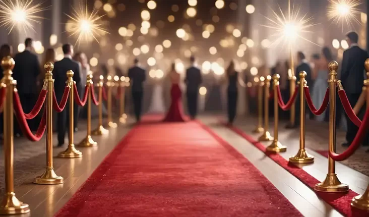 A luxurious red carpet event with golden stanchions and ropes lines a pathway. People in formal attire are gathered on either side under sparkling lights. The scene has a glamorous and elegant ambiance.