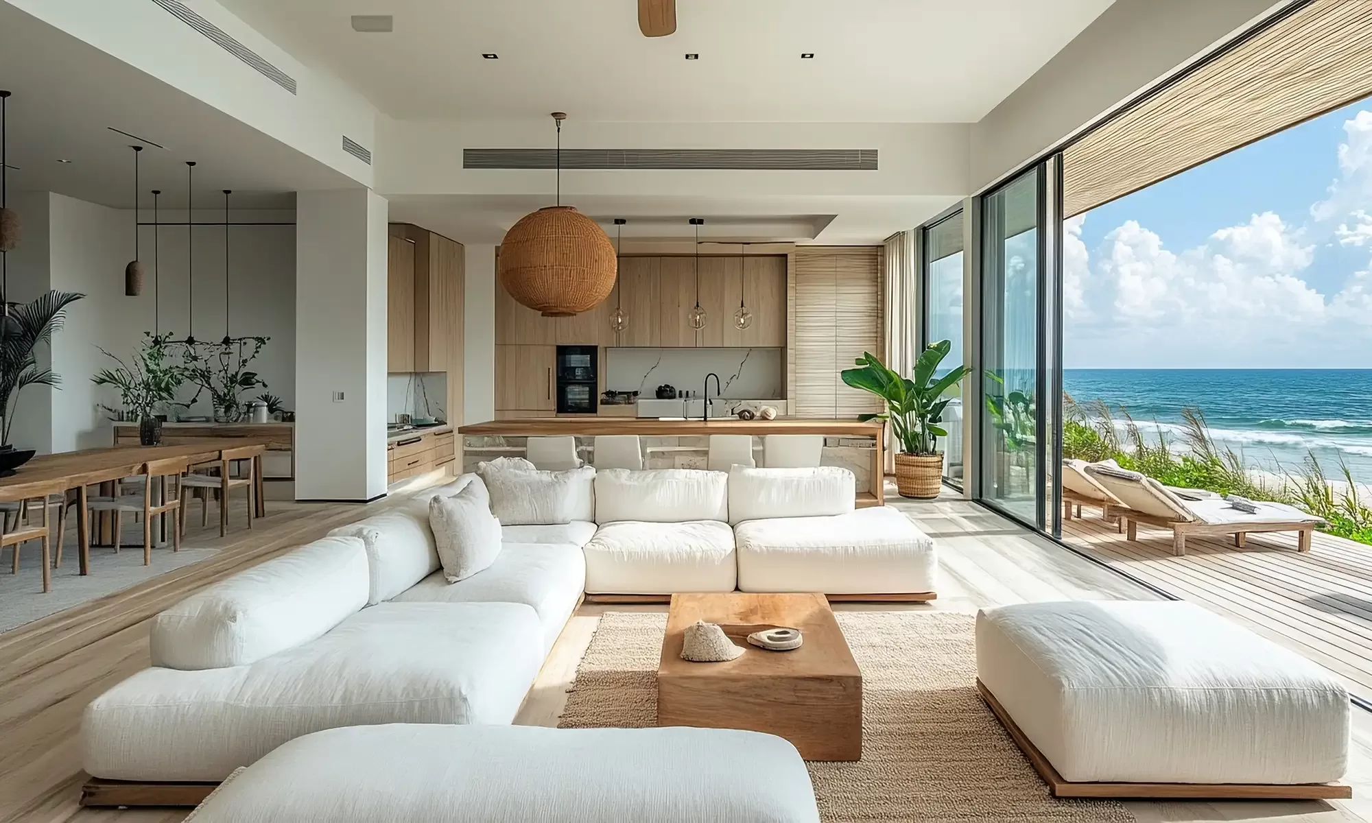 Spacious, modern living room with large white sofas, wooden coffee table, and open kitchen. Glass wall reveals ocean view and blue sky. Natural light, plants, and wooden accents create a serene atmosphere.