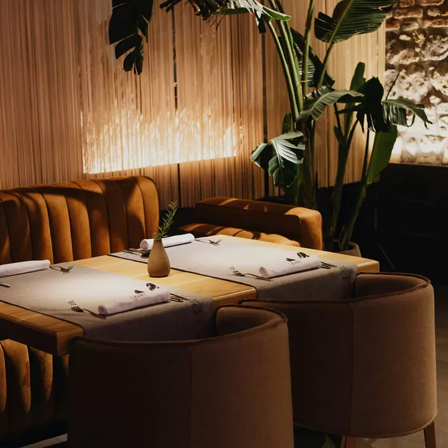 A wooden table with a polished surface, surrounded by four chairs in a well-lit dining area.