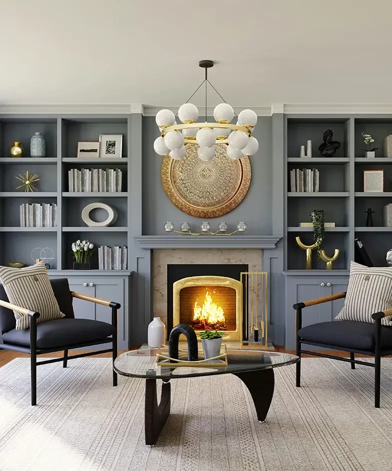 A stylish living room adorned with blue walls and a charming fireplace, perfect for gatherings and comfort.