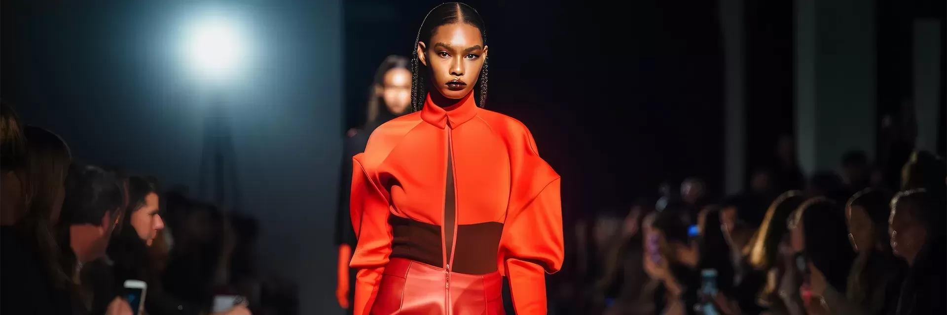 Female model walking down the catwalk in fashion clothing at New York Fashion Week