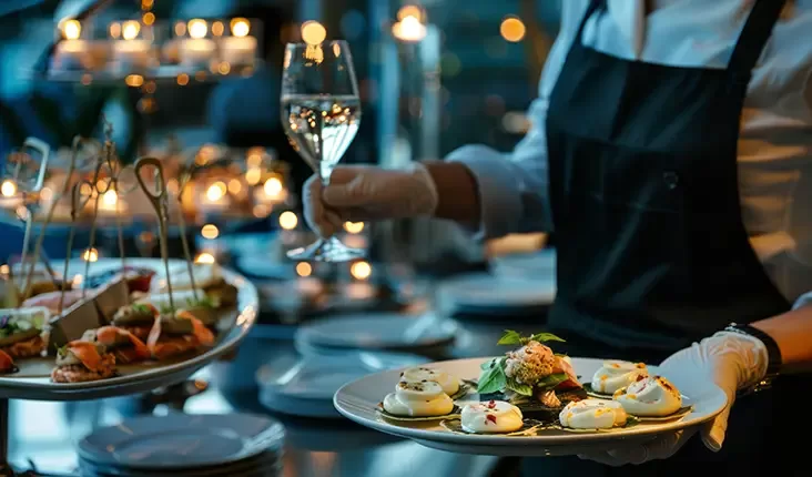 A person wearing a black apron and white gloves holds a tray of elegantly plated appetizers. Various hors doeuvres are on display nearby. Candles create a warm and inviting atmosphere in the background.