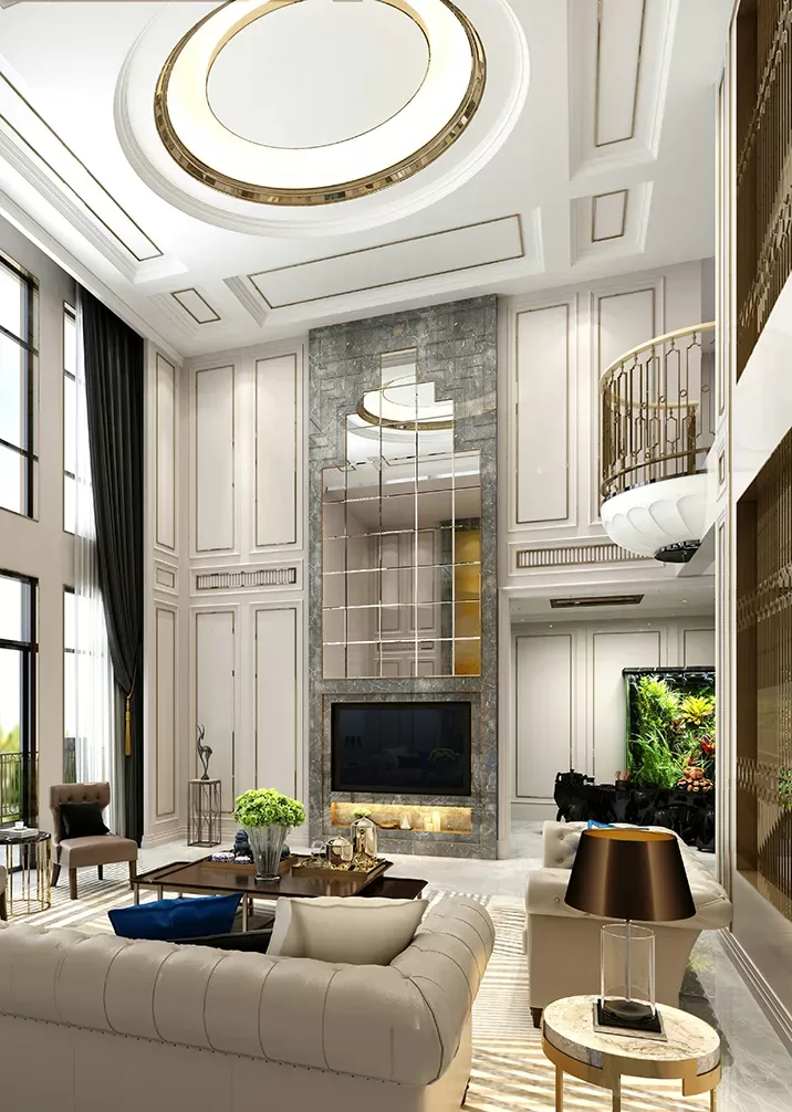 A luxurious, high-ceiling living room with ornate décor features a grand fireplace, tall windows with floor-length curtains, and elegant furniture including a plush beige sofa, a coffee table, and a sleek black lamp.