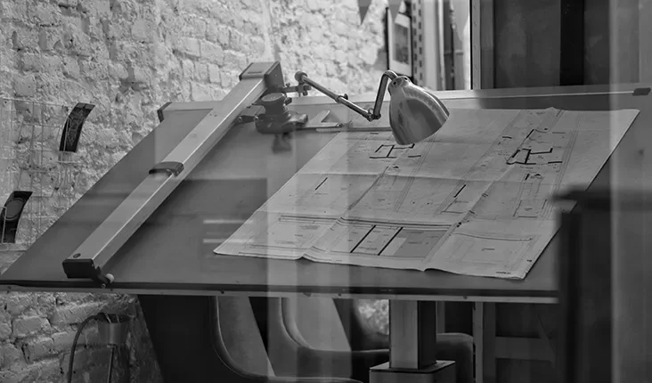 A black-and-white photo of a desk with architectural blueprints spread out on it. A drafting lamp is attached to the desk, illuminating the plans. The desk is positioned against a brick wall, and part of a chair is visible beneath it.