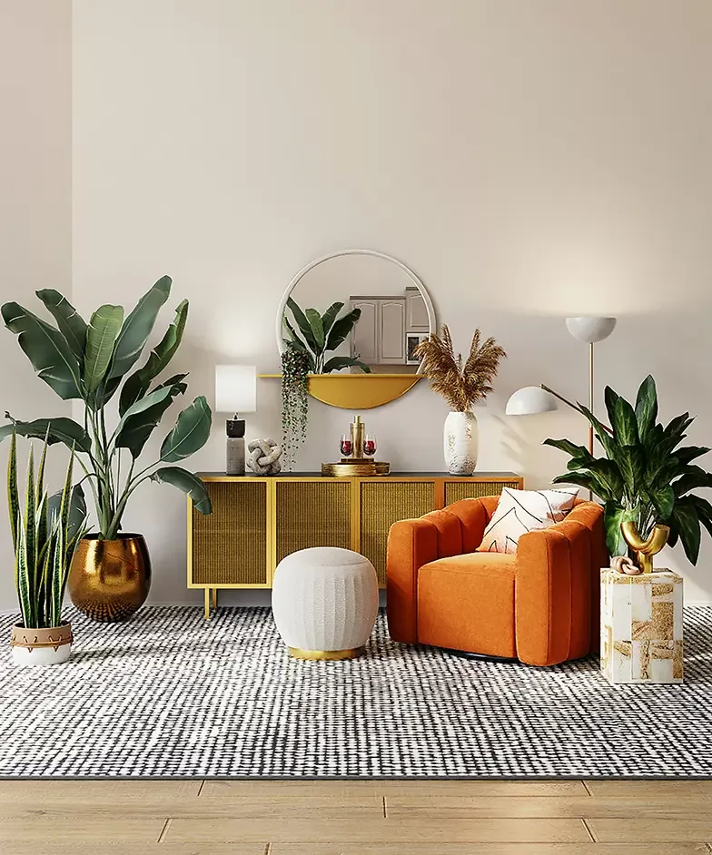 A cozy living room featuring orange chairs, a decorative mirror, and a vibrant green plant for a refreshing ambiance.