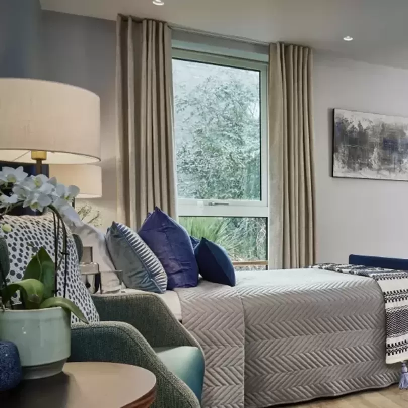 Luxury hotel suite grey and blue interior