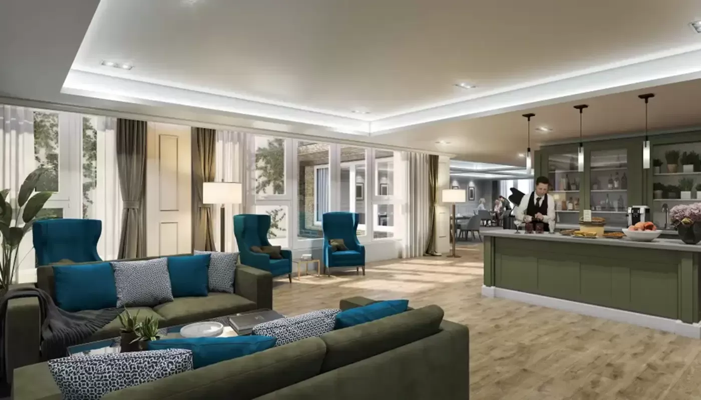 Green sofas with teal and black and white patterned sofa's next to green bar in luxe lounge