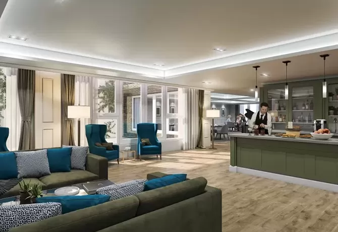 Green sofas with teal and black and white patterned sofa's next to green bar in luxe lounge