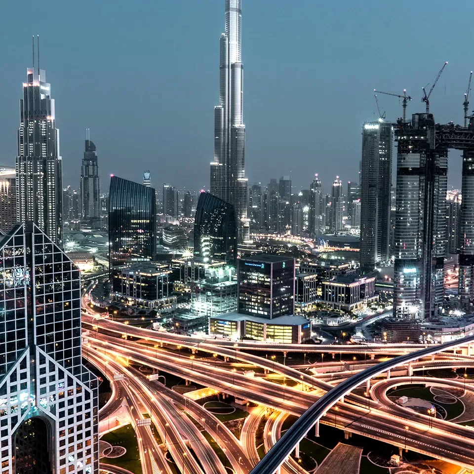 Night time view of Dubai city lit up