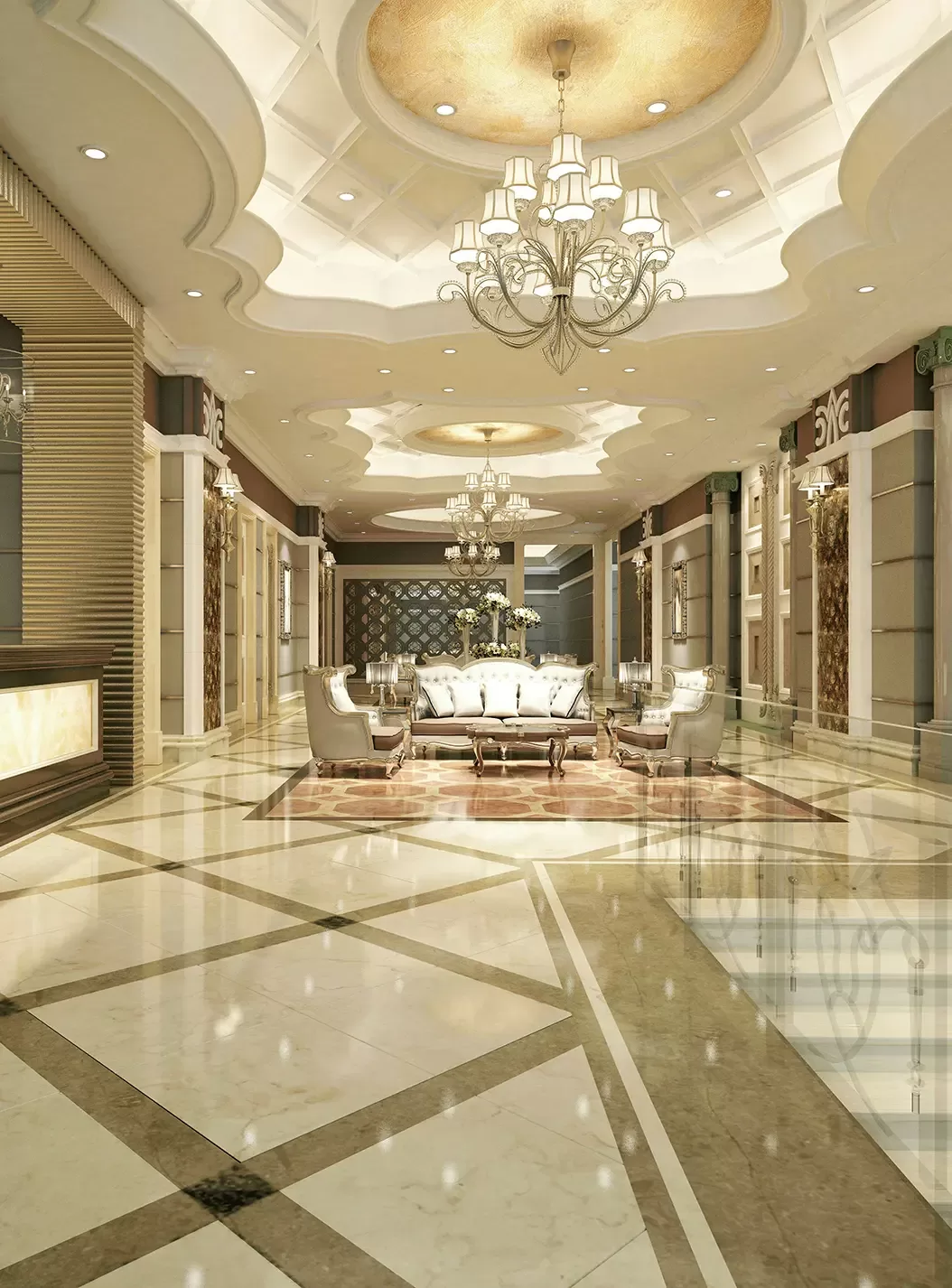 Elegant hotel lobby with polished marble floors, ornate chandeliers, plush white sofas, and gold accents. The ceiling features intricate molding and recessed lighting, creating a luxurious and welcoming atmosphere.