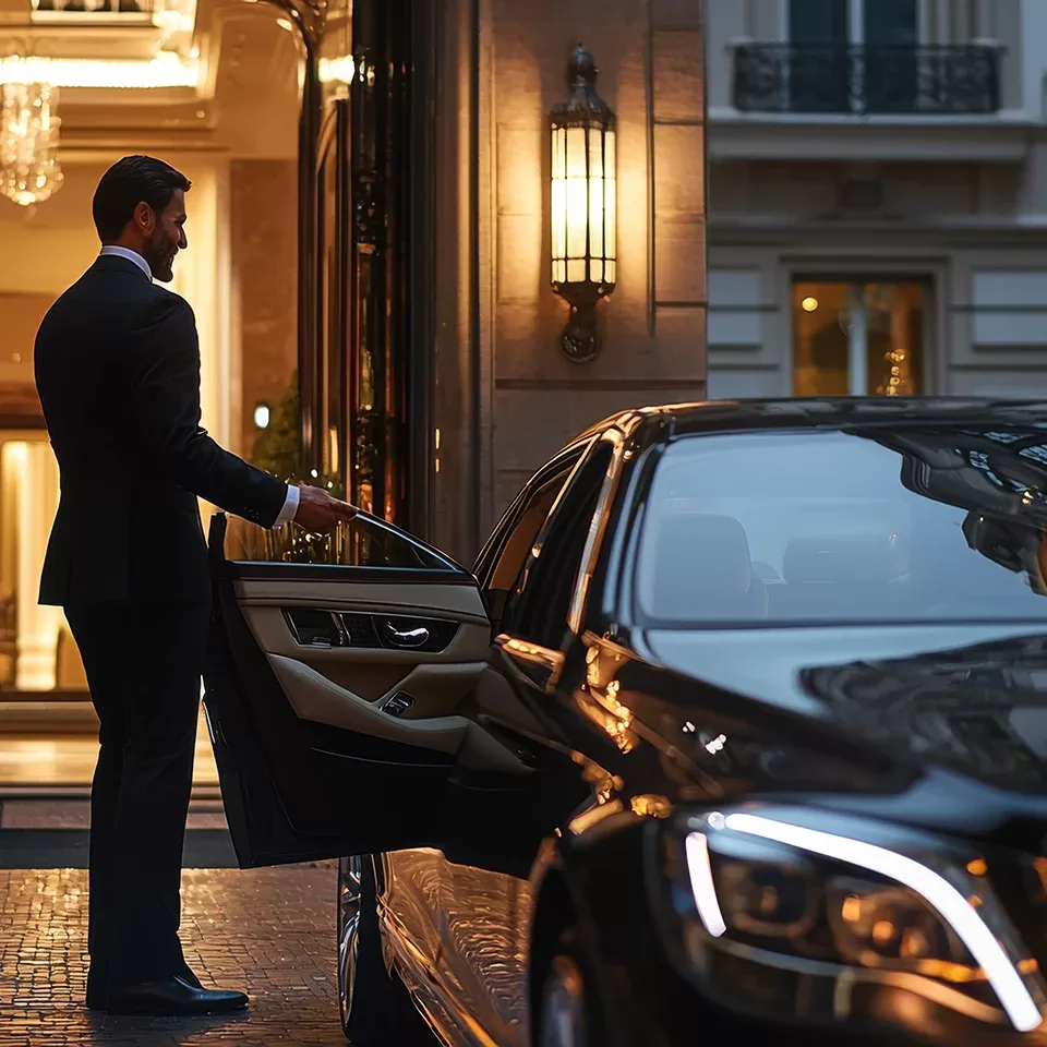 A man in a black suit stands by the open door of a luxury black car outside an elegant, well-lit building, possibly a hotel or upscale residence, during the evening.