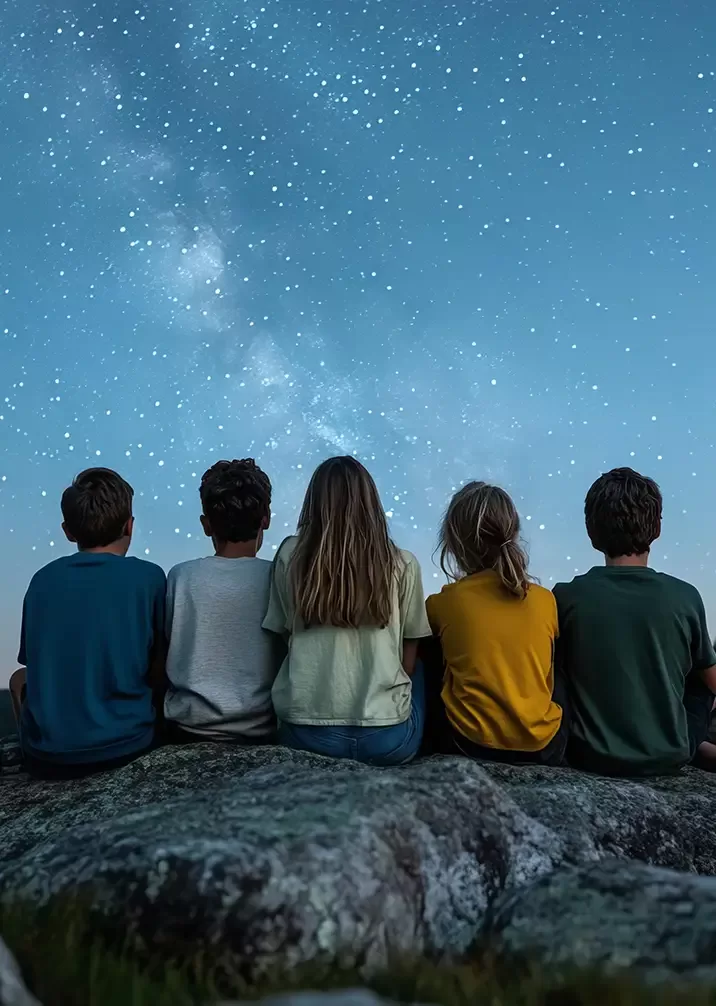 Five children sit on a rocky surface, gazing at a star-filled night sky with the Milky Way visible. Their backs are to the camera, and they are arranged in a row, wearing casual clothing.