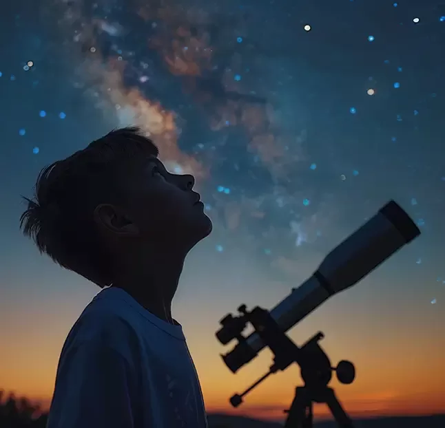 A silhouette of a child and a telescope under a starry night sky with the Milky Way visible. The child gazes upward, and the sunset casts a warm glow on the horizon.