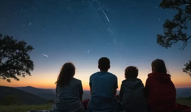 Four children sit on a grassy hilltop, watching a starry sky with visible shooting stars. The silhouette of trees frames the scene, and a soft sunset glow is visible on the horizon.