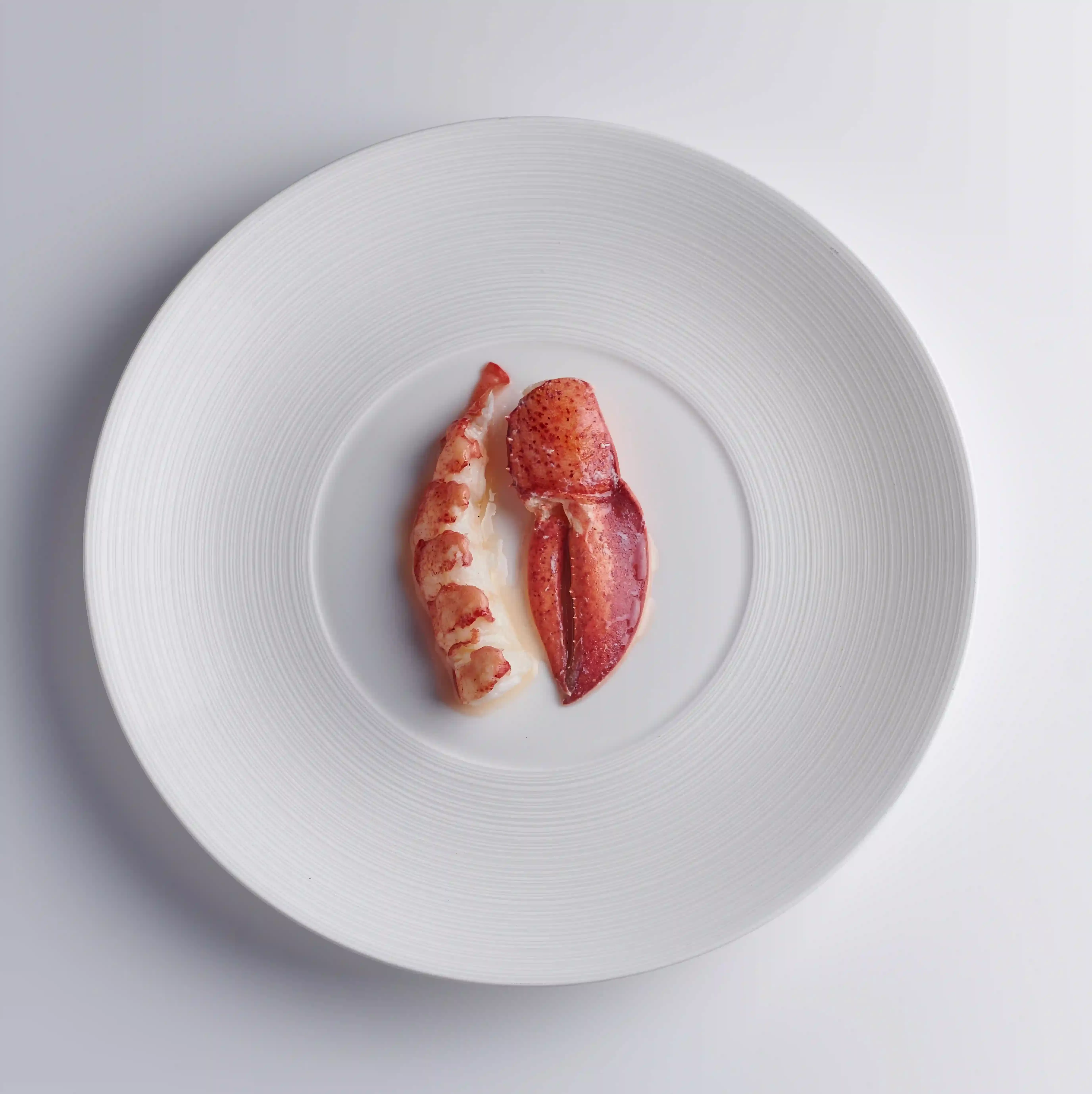Lobster tail and a lobster claw displayed on a white plate