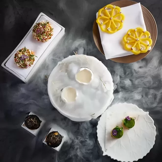 Display of luxury colorful small plates on a mix of rounded, rectangle and squared white plates, garnished and surrounded by dry ice.
