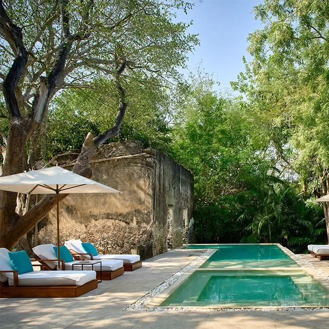 A serene outdoor pool surrounded by lush green trees, with white lounge chairs and turquoise cushions under large umbrellas on a stone patio near an old stone wall.