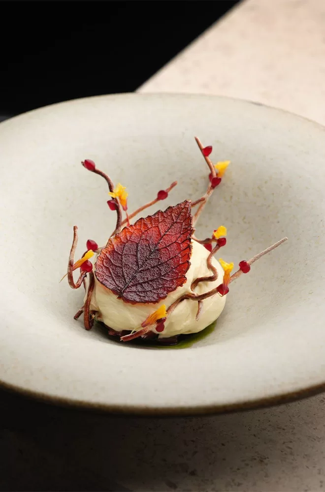 A gourmet dish featuring a dollop of cream or mousse in a neutral-toned bowl, adorned with a large red leaf and delicate yellow and red garnishes resembling twigs and flowers. The presentation is artistic and elegant at Aulis London, London.