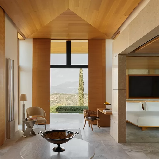Luxurious, minimalist interior of accommodation at Amanzoe, Greece.