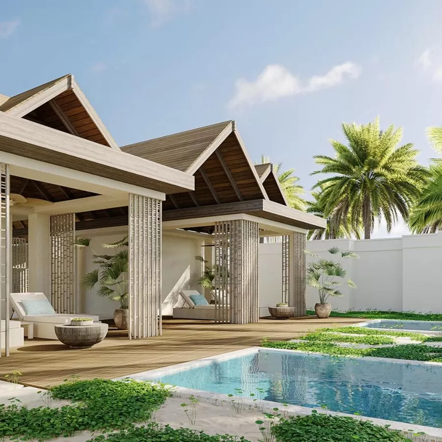 Luxury spa beach villa with private outdoor pool and sunbeds at Anantara Velli Maldives