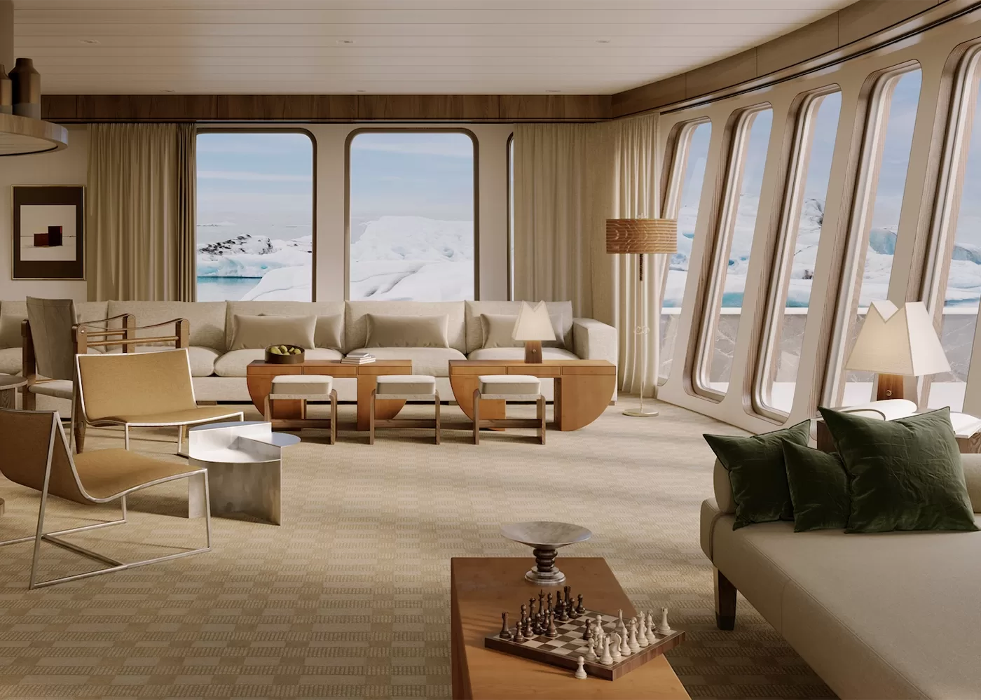 Luxurious living room with large windows showcasing an arctic landscape. The décor features neutral tones, modern furniture, a chess set on a wooden table, and two abstract paintings. Natural light fills the space.