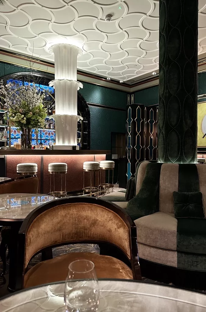 Luxurious jewel toned velvet, animal print and gold swanky interior at Caviar Kaspia, Mayfair, London