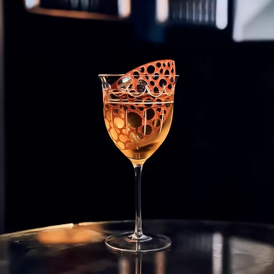 Luxurious cocktail with structured garnish served at The Connaught Bar, Mayfair, London