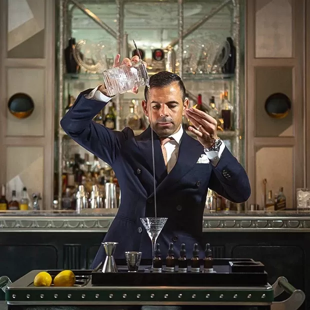 Master Mixologist, Agostino Perrone, creating a cocktail at The Connaught Bar, Mayfair, London