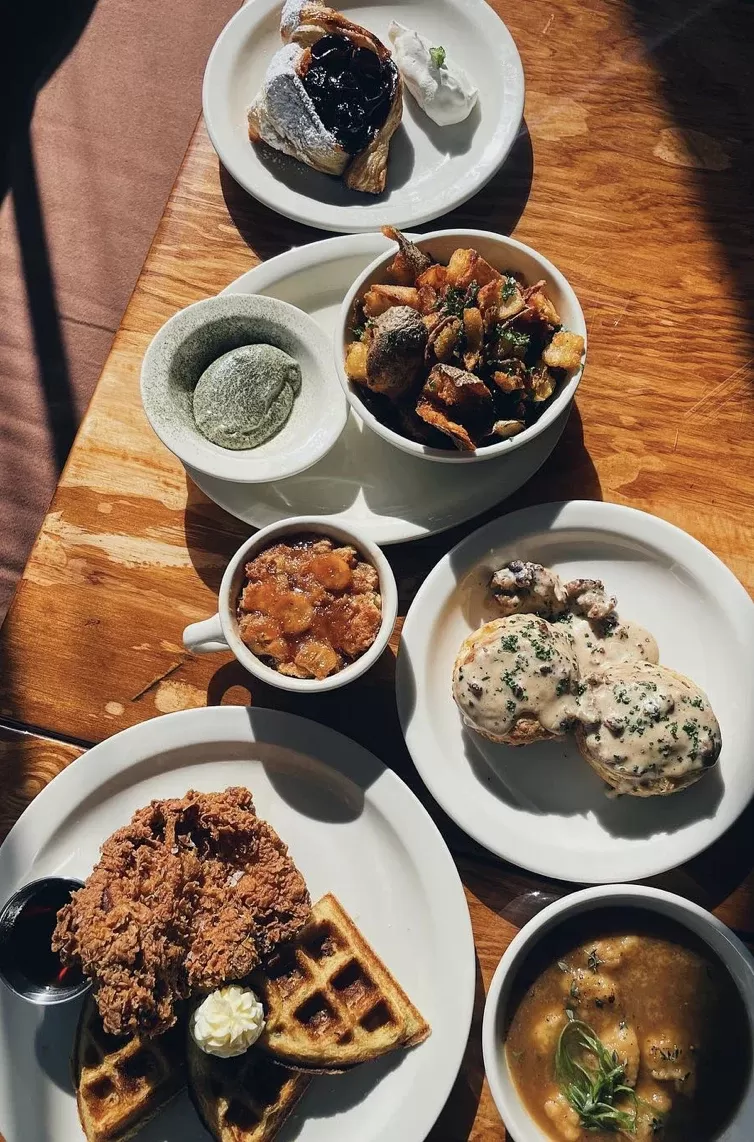 Birdseye view of selection of Vietnamese inspired 90's brasserie dishes served at Cool World, Greenpoint , Brooklyn USA