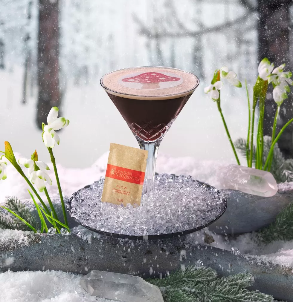 Drake Morgan Mushroom Espresso Martini served on ice in nature