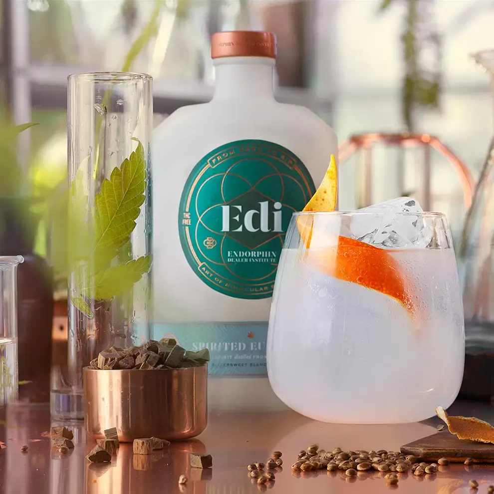 Bottle and glass of nootropic cocktail, EDI Euphoria