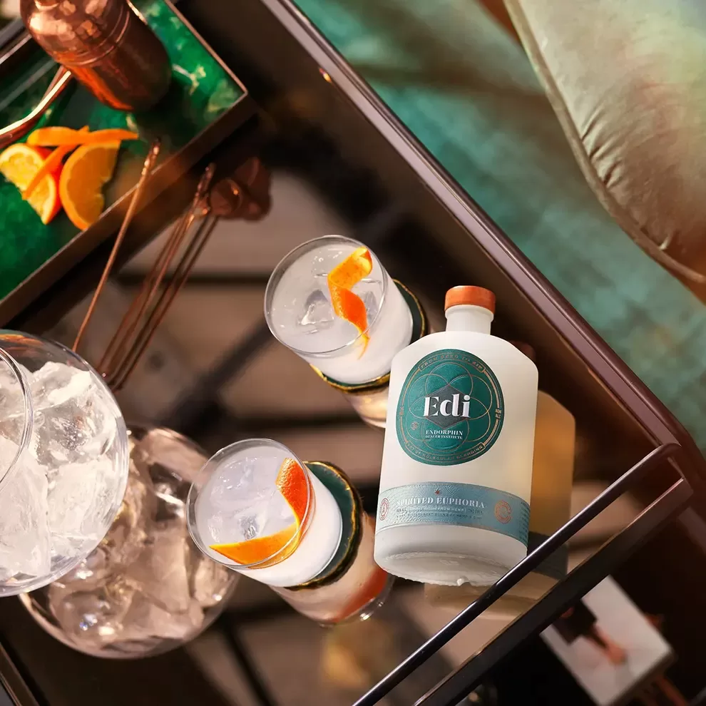 Bottle and glass of nootropic cocktail, EDI Euphoria