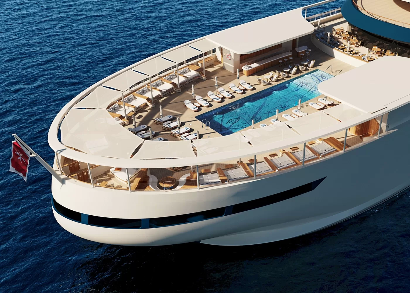 A luxurious yacht deck featuring a swimming pool surrounded by lounge chairs and a shaded area. The deck also includes a bar and dining space. The yacht is cruising on calm blue waters with a flag at the stern.