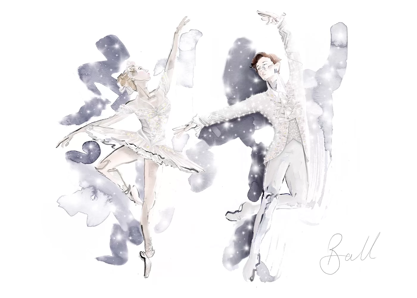 An artistic watercolor illustration of a ballet performance, featuring a female dancer in a tutu and a male dancer. Both are gracefully posed against a soft, abstract background with the word ballet in the corner by Alexandra Byrne.