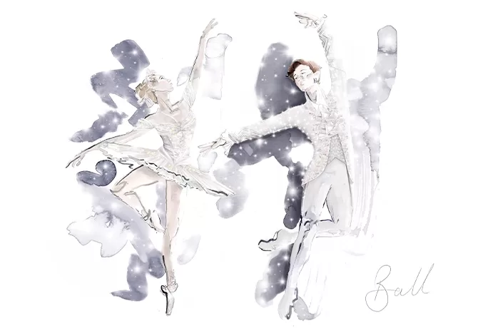 An artistic watercolor illustration of a ballet performance, featuring a female dancer in a tutu and a male dancer. Both are gracefully posed against a soft, abstract background with the word ballet in the corner by Alexandra Byrne.