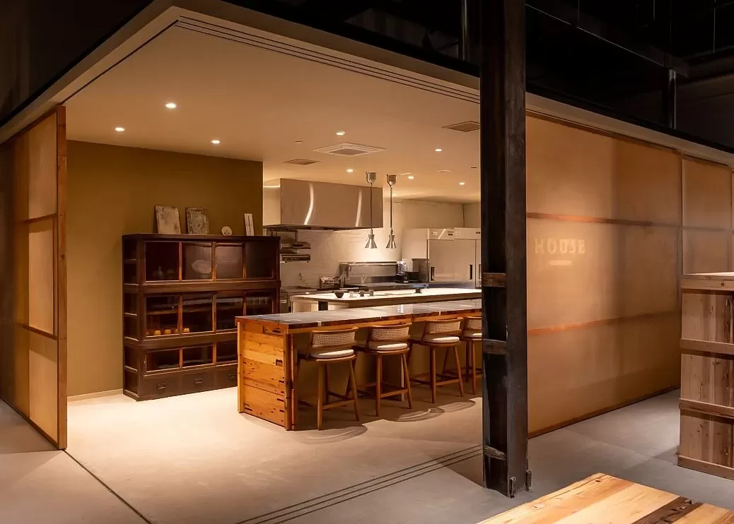 Eight-seater wooden storage unit, warehouse inspired wooden Norman interior at HOUSE, Greenpoint, Brooklyn, USA