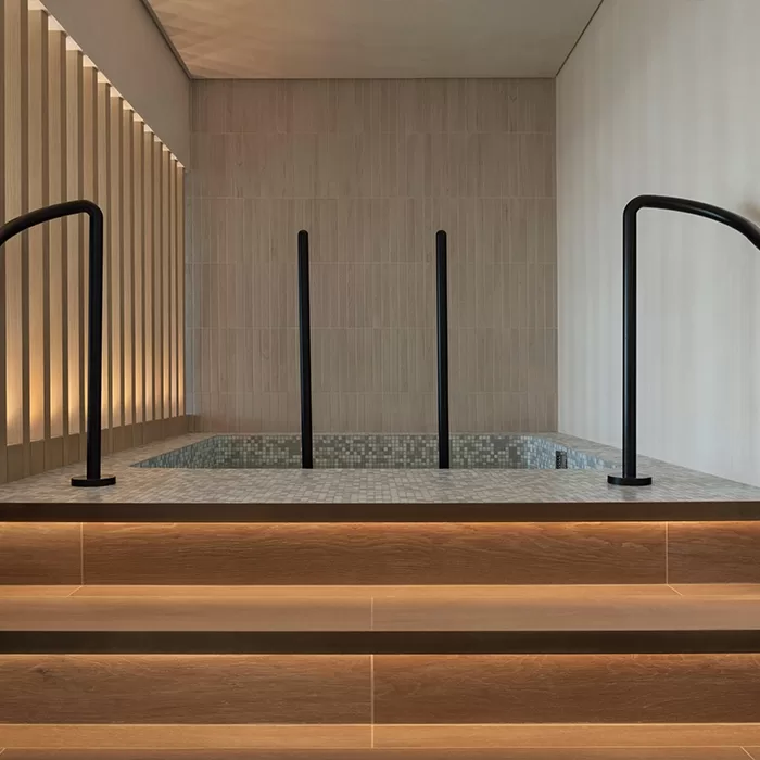 A modern indoor plunge pool with tiled walls and floors, black handrails, and wooden steps with built-in lighting leading down to the pool. Soft vertical lights illuminate the left wall.
