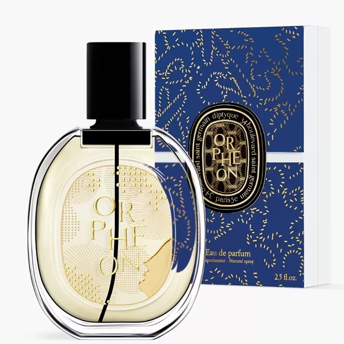 Bottle and printed blue packaging of the Diptyque Limited Edition Orphéon Eau de Parfum.