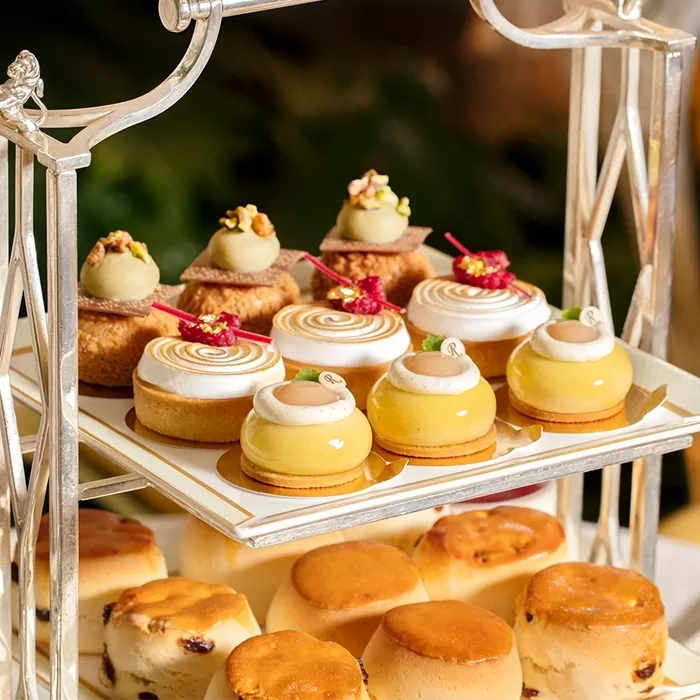 A 2 tired cake tray with brown scones on the bottom and 3 different lines of cakes on the top.