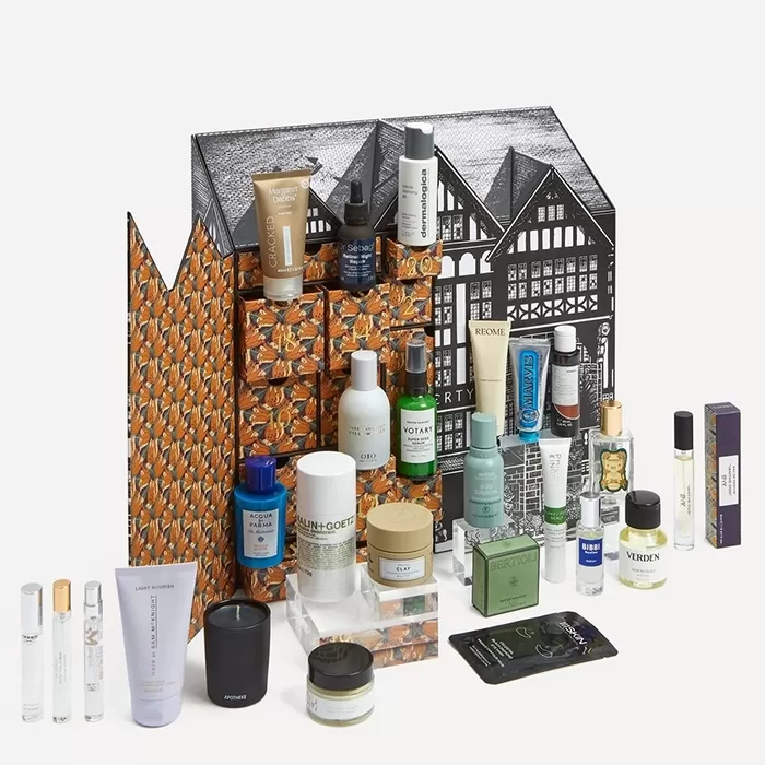 Product shot of the Liberty Men’s Advent Calendar, displaying a range of beauty products.
