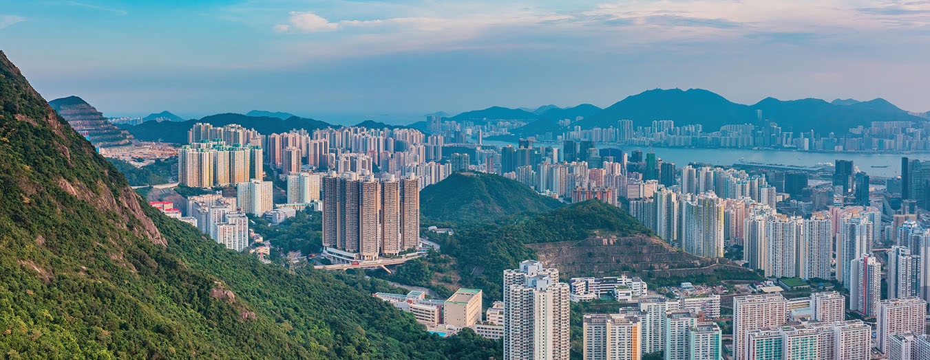 Birds eye view of the city skyline of Hong Kong