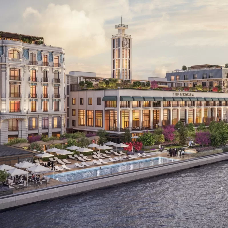 Luxury sea front spa exterior and outdoor pool at The Peninsula Istanbul