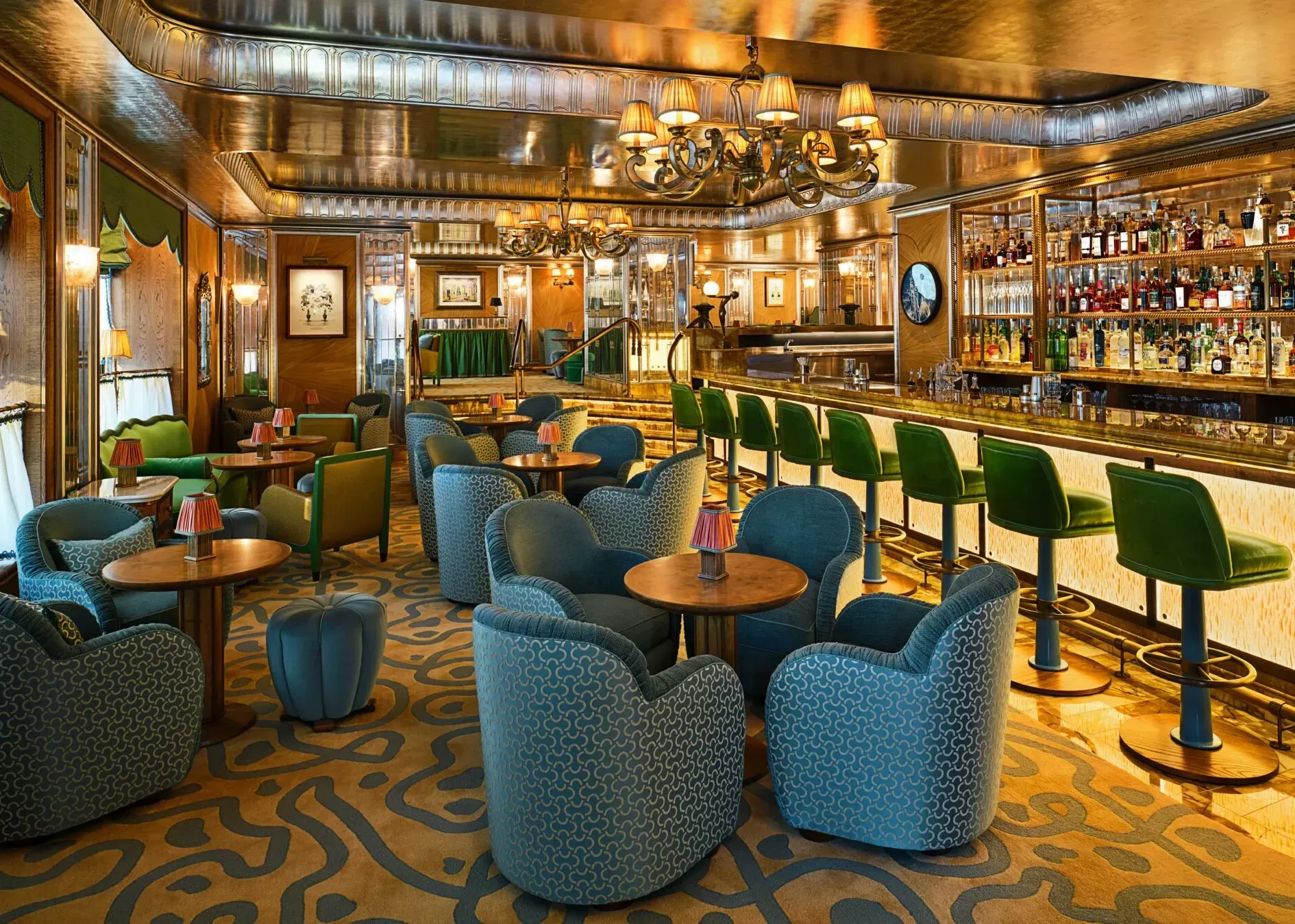 Extravagant gold, green and blue interior at James Bond Vesper Martini inspired Vespr Bar at The Dorchester, Mayfair, London