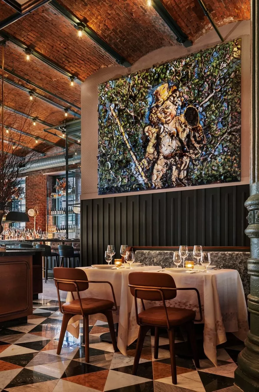 Interior of Little Italy inspired neighborhood décor with artistic walls and flooring at Torrisi Bar & Restaurant, Little Italy